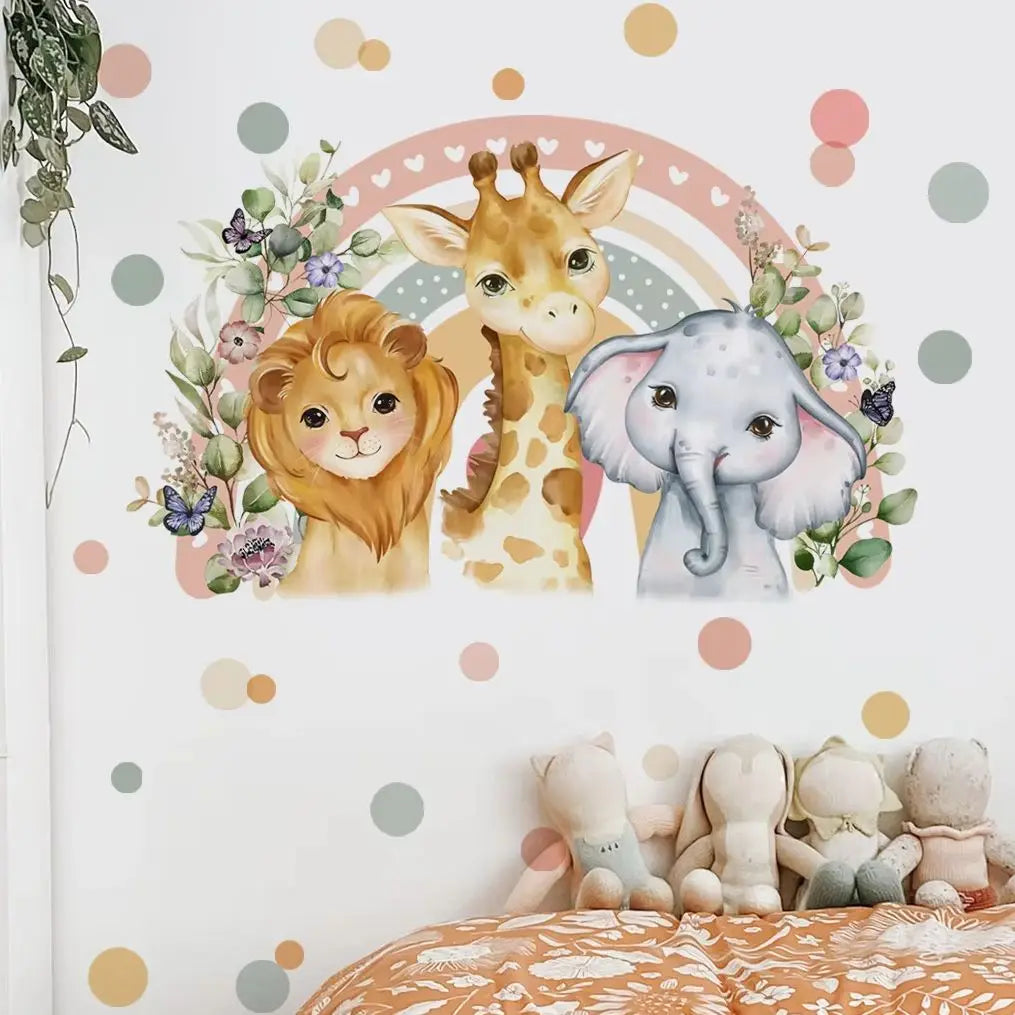 Cartoon Rainbow Giraffe Lion & Friends – Safari Watercolor Vinyl Wall Decals for Nursery & Kids’ Rooms, Creative DIY Home Decor
