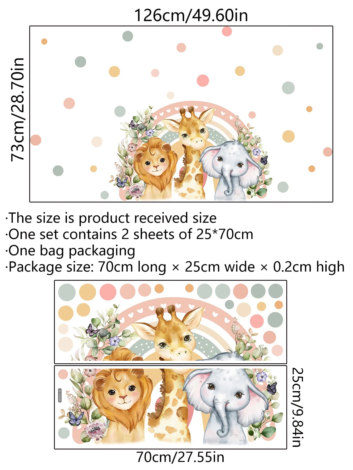 Cartoon Rainbow Giraffe Lion & Friends – Safari Watercolor Vinyl Wall Decals for Nursery & Kids’ Rooms, Creative DIY Home Decor