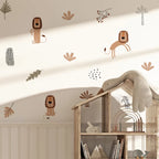 Children's room with lion wall decals and a wooden shelf.