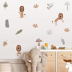 Children's room with animal-themed wall decals and a plush elephant toy.