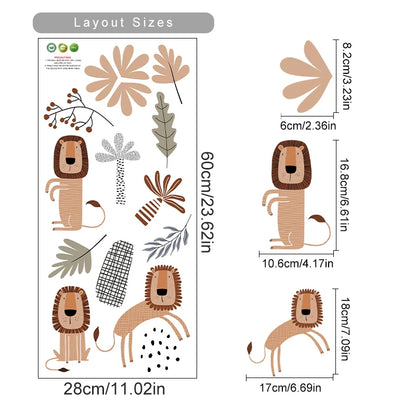 Wall decal with lion and leaf designs and measurements on a white background