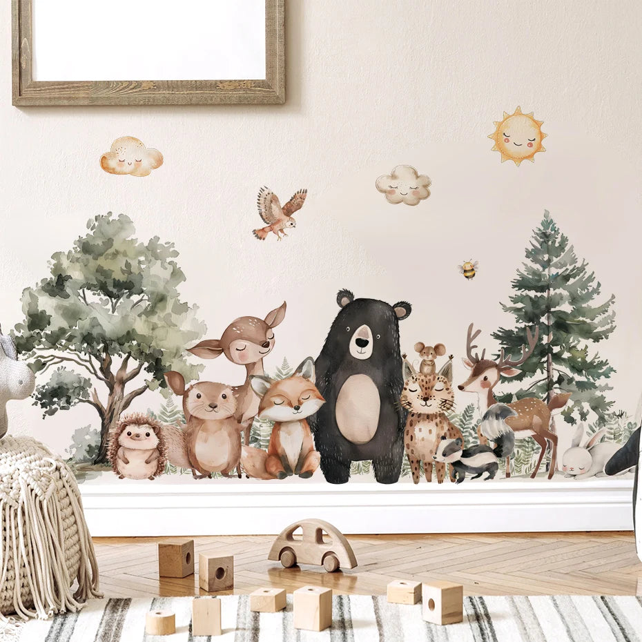 Cartoon Woodland Animal Wall Decals – Forest Deer Bear Fox & Friends PVC Wall Stickers for Nursery & Kids’ Bedroom Creative DIY Home Decor