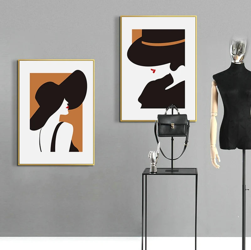 Chic Abstract Big Hat Fashion Lady Wall Art Fine Art Canvas Prints Pictures For Living Room Bedroom Dining Room Salon Boutique Art Decor