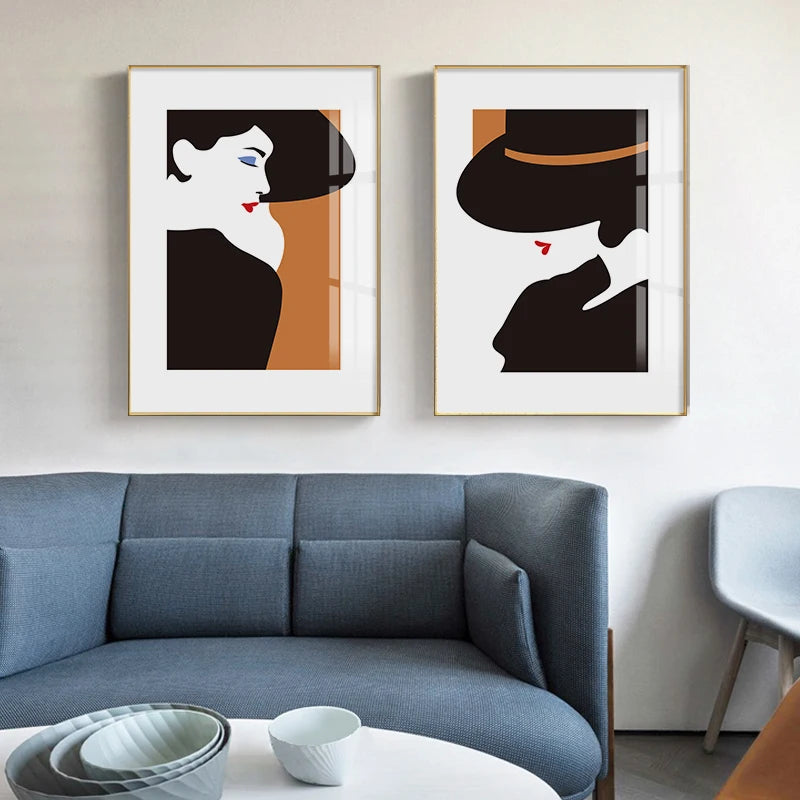 Chic Abstract Big Hat Fashion Lady Wall Art Fine Art Canvas Prints Pictures For Living Room Bedroom Dining Room Salon Boutique Art Decor