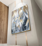 Chic Abstract Blue Golden Feathers Wall Art Fine Art Canvas Prints Posters Pictures For Living Room Dining Room Modern Bedroom Art Decor