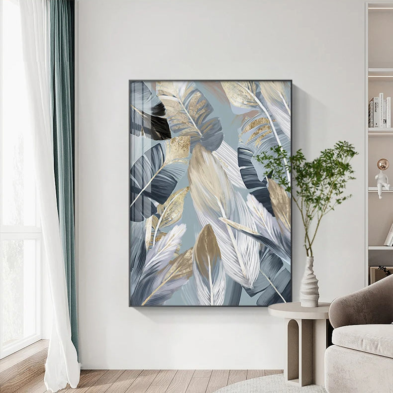 Chic Abstract Blue Golden Feathers Wall Art Fine Art Canvas Prints Posters Pictures For Living Room Dining Room Modern Bedroom Art Decor