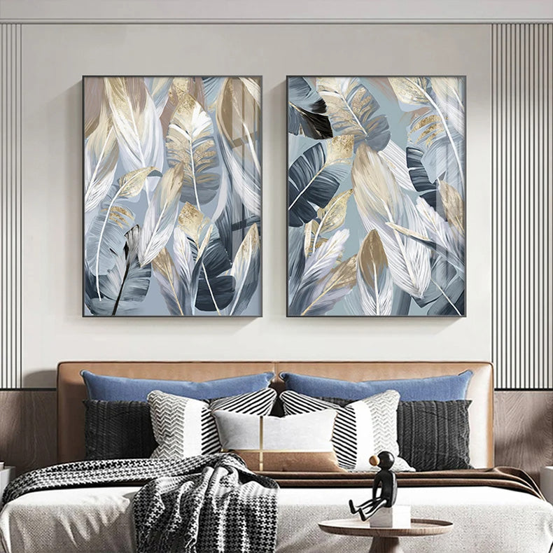 Chic Abstract Blue Golden Feathers Wall Art Fine Art Canvas Prints Posters Pictures For Living Room Dining Room Modern Bedroom Art Decor