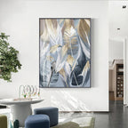 Chic Abstract Blue Golden Feathers Wall Art Fine Art Canvas Prints Posters Pictures For Living Room Dining Room Modern Bedroom Art Decor