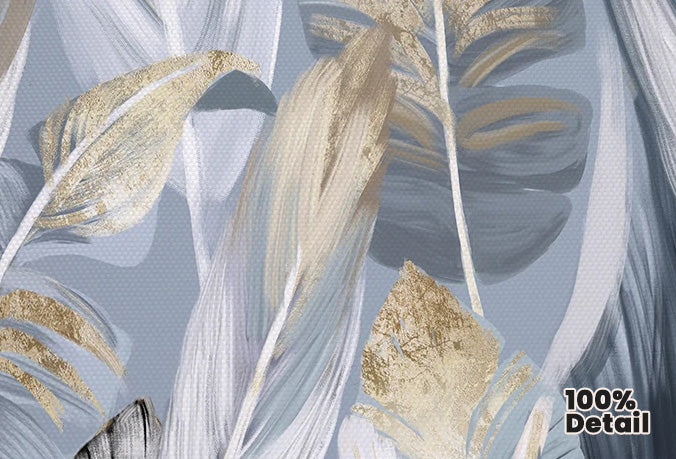 Chic Abstract Blue Golden Feathers Wall Art Fine Art Canvas Prints Posters Pictures For Living Room Dining Room Modern Bedroom Art Decor