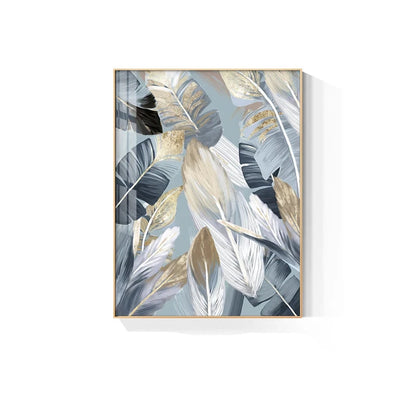 Chic Abstract Blue Golden Feathers Wall Art Fine Art Canvas Prints Posters Pictures For Living Room Dining Room Modern Bedroom Art Decor