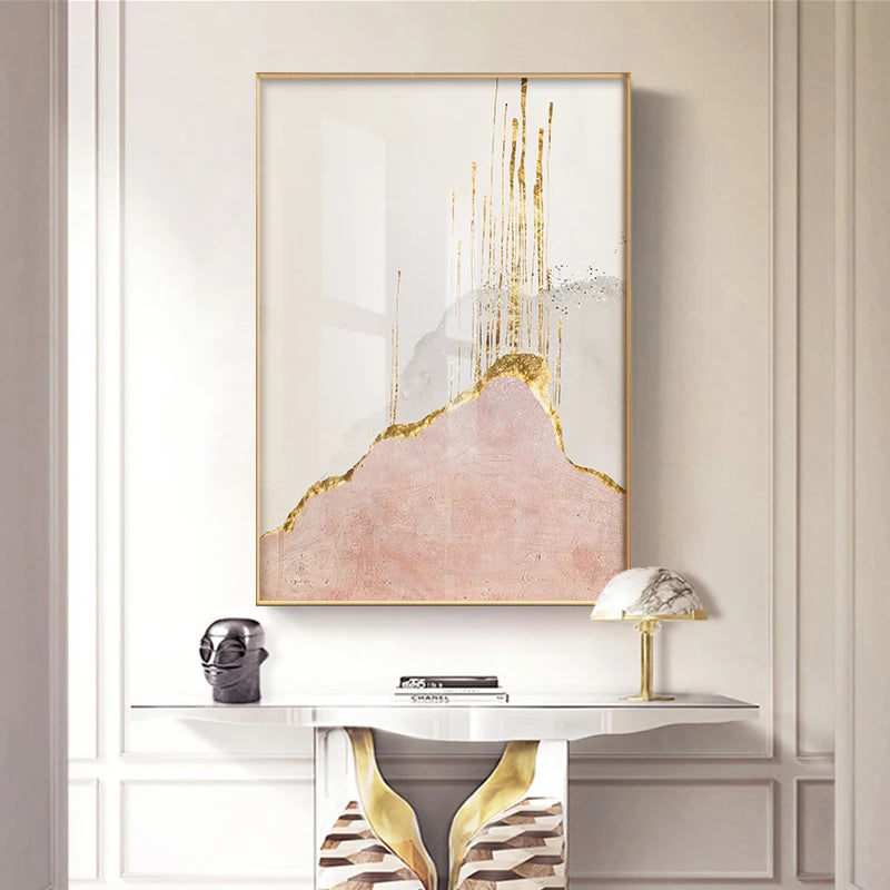 Chic Abstract Golden Pink Wall Art Fine Art Canvas Prints Modern Pictures For Contemporary Living Room Bedroom Hotel Room Art Decor