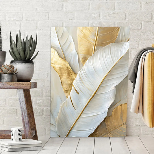 Chic Abstract White Golden Feathers Wall Art Fine Art Canvas Prints Pictures For Living Room Bedroom Art For Contemporary Interiors