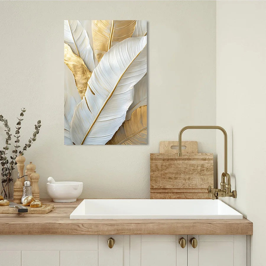 Chic Abstract White Golden Feathers Wall Art Fine Art Canvas Prints Pictures For Living Room Bedroom Art For Contemporary Interiors 2025