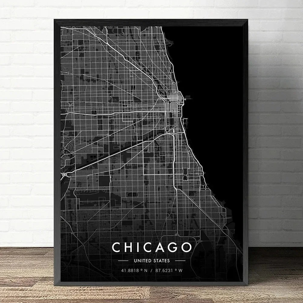 Framed black and white map of Chicago on a wall.