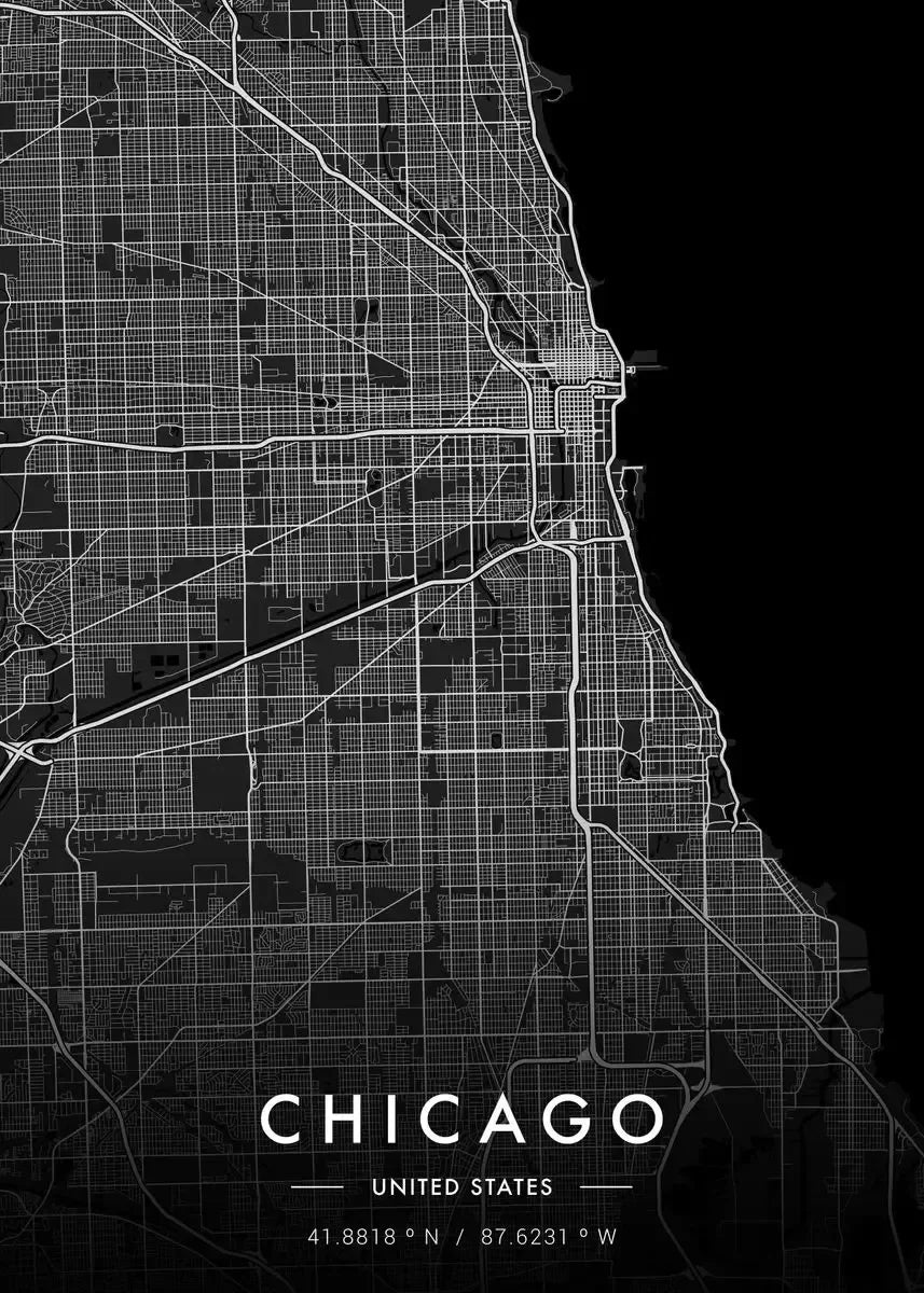 Black and white map of Chicago on a black background