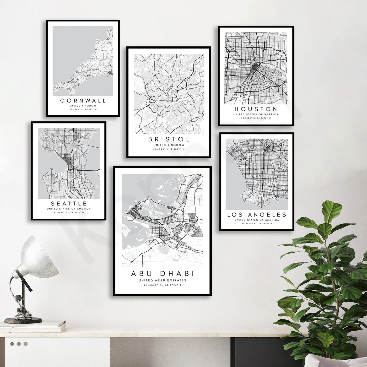 City Map Posters Wall Art - Beijing, Cape Town, Sydney, Los Angeles, Milan, Houston, Seattle, Abu Dhabi, Cornwall, Bristol, Gosport, Pudsey Wall Map Black White Fine Art Canvas Prints Stylish Minimalist Posters For Home/Office
