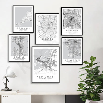 City Map Posters Wall Art - Beijing, Cape Town, Sydney, Los Angeles, Milan, Houston, Seattle, Abu Dhabi, Cornwall, Bristol, Gosport, Pudsey Wall Map Black White Fine Art Canvas Prints Stylish Minimalist Posters For Home/Office