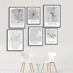 City Map Posters Wall Art - Beijing, Cape Town, Sydney, Los Angeles, Milan, Houston, Seattle, Abu Dhabi, Cornwall, Bristol, Gosport, Pudsey Wall Map Black White Fine Art Canvas Prints Stylish Minimalist Posters For Home/Office