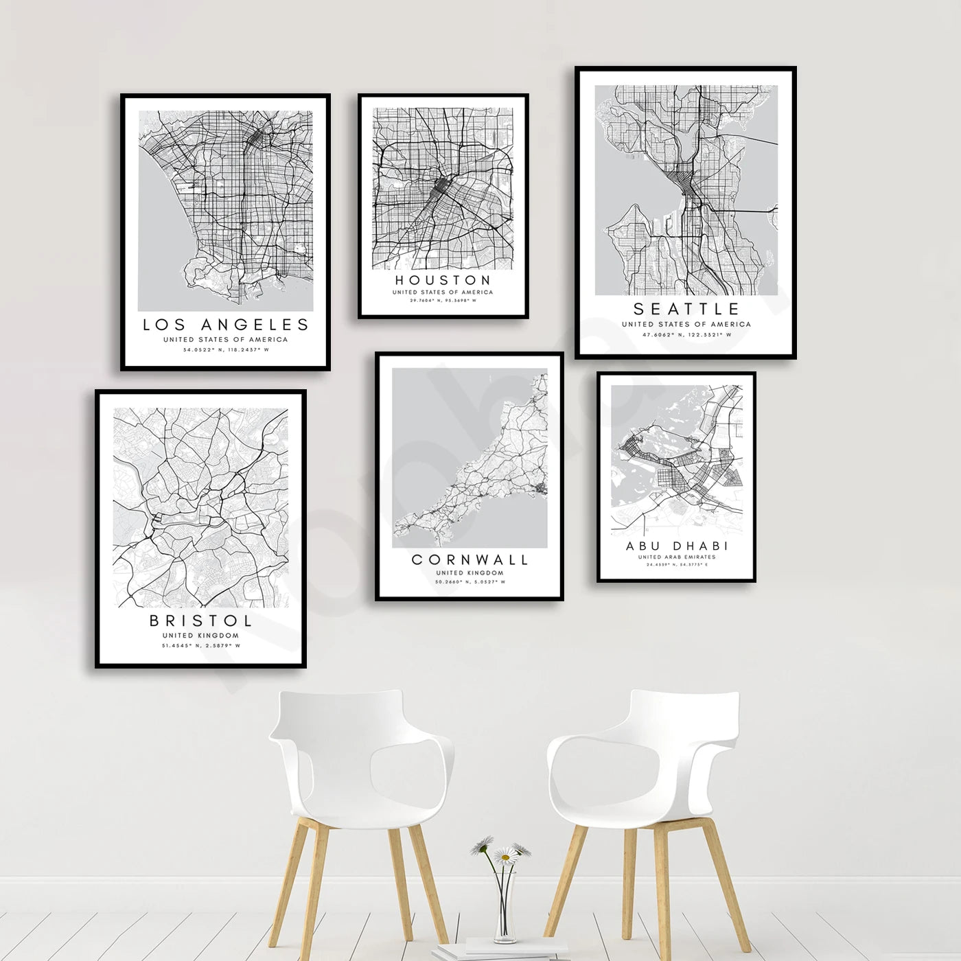 City Map Posters Wall Art - Beijing, Cape Town, Sydney, Los Angeles, Milan, Houston, Seattle, Abu Dhabi, Cornwall, Bristol, Gosport, Pudsey Wall Map Black White Fine Art Canvas Prints Stylish Minimalist Posters For Home/Office