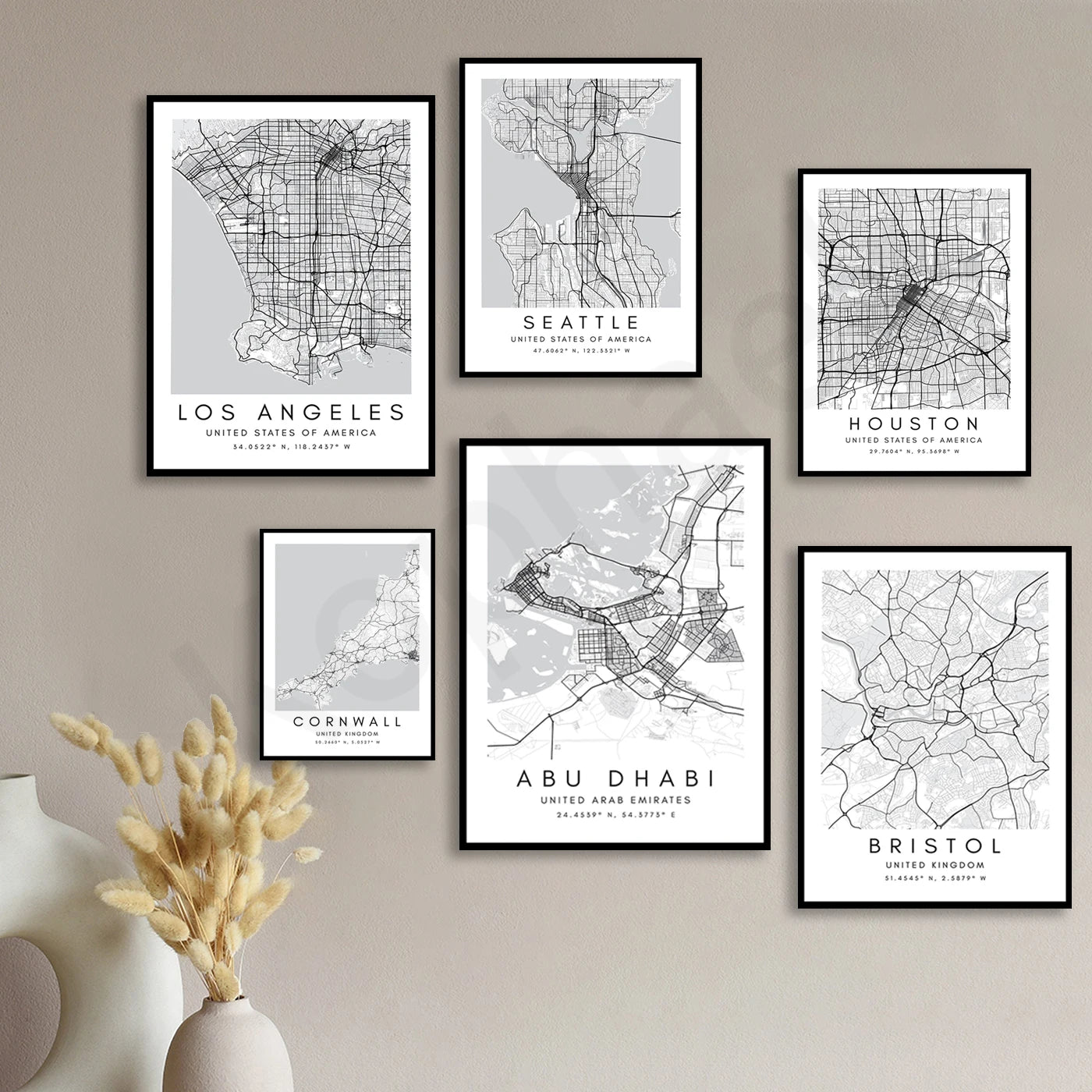 City Map Posters Wall Art - Beijing, Cape Town, Sydney, Los Angeles, Milan, Houston, Seattle, Abu Dhabi, Cornwall, Bristol, Gosport, Pudsey Wall Map Black White Fine Art Canvas Prints Stylish Minimalist Posters For Home/Office