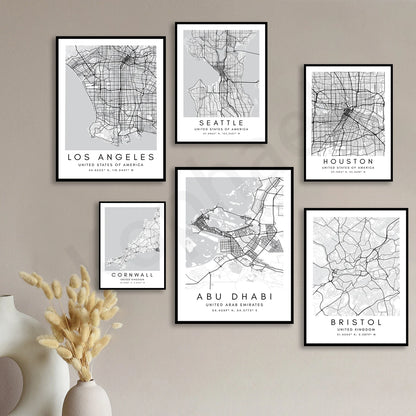 City Map Posters Wall Art - Beijing, Cape Town, Sydney, Los Angeles, Milan, Houston, Seattle, Abu Dhabi, Cornwall, Bristol, Gosport, Pudsey Wall Map Black White Fine Art Canvas Prints Stylish Minimalist Posters For Home/Office