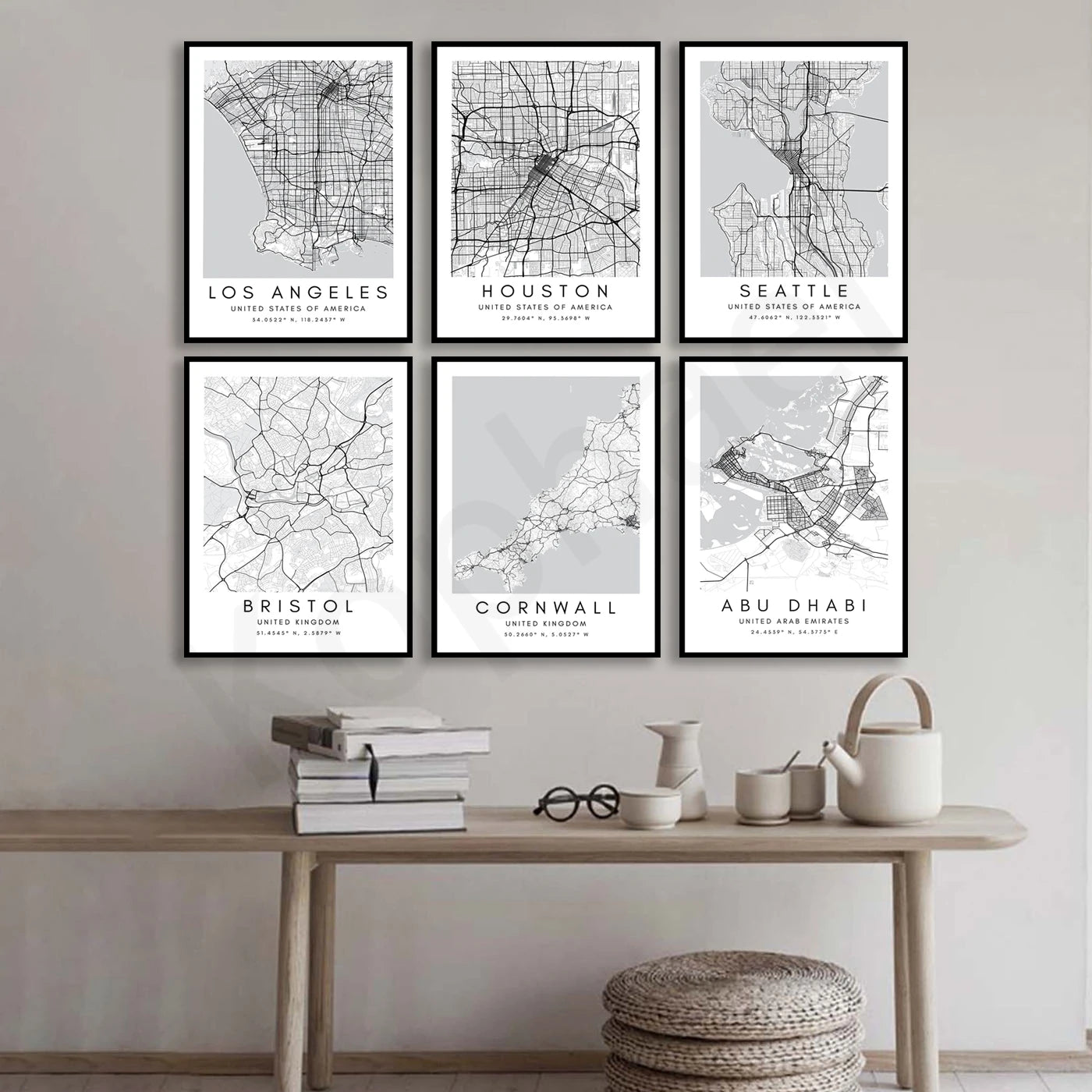 City Map Posters Wall Art - Beijing, Cape Town, Sydney, Los Angeles, Milan, Houston, Seattle, Abu Dhabi, Cornwall, Bristol, Gosport, Pudsey Wall Map Black White Fine Art Canvas Prints Stylish Minimalist Posters For Home/Office