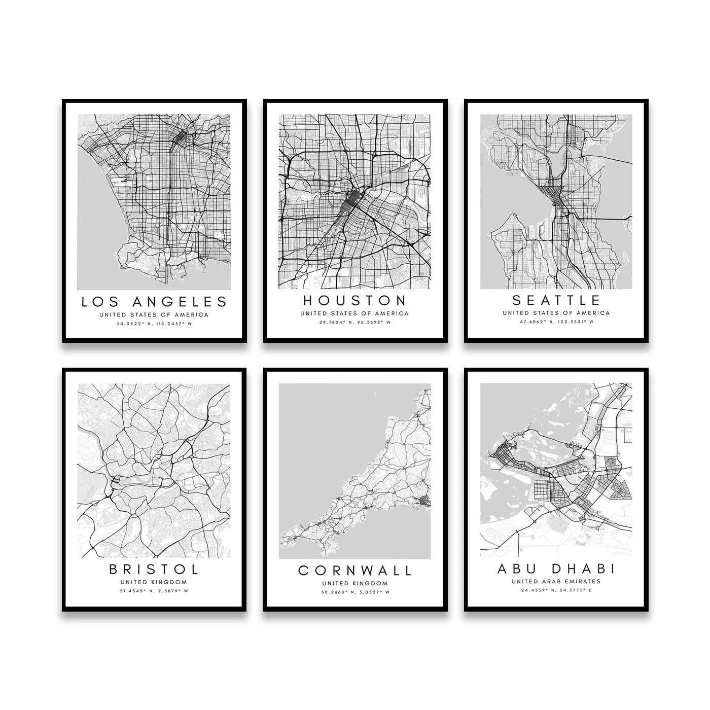 City Map Posters Wall Art - Beijing, Cape Town, Sydney, Los Angeles, Milan, Houston, Seattle, Abu Dhabi, Cornwall, Bristol, Gosport, Pudsey Wall Map Black White Fine Art Canvas Prints Stylish Minimalist Posters For Home/Office