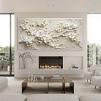 Modern living room with a decorative wall panel above a fireplace.