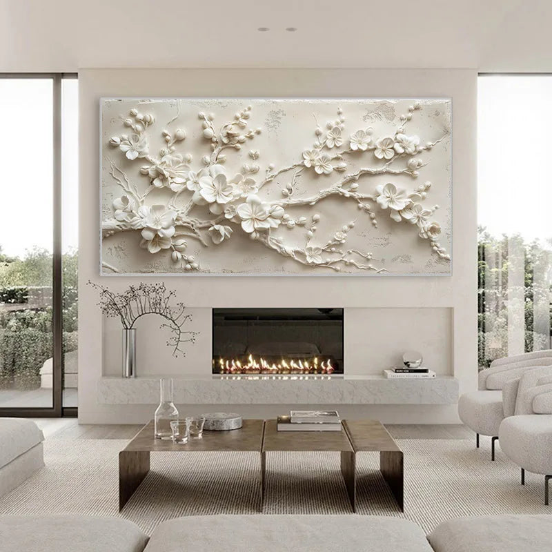 Modern living room with a decorative wall panel above a fireplace.