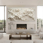 Modern living room with a decorative wall panel above a fireplace.