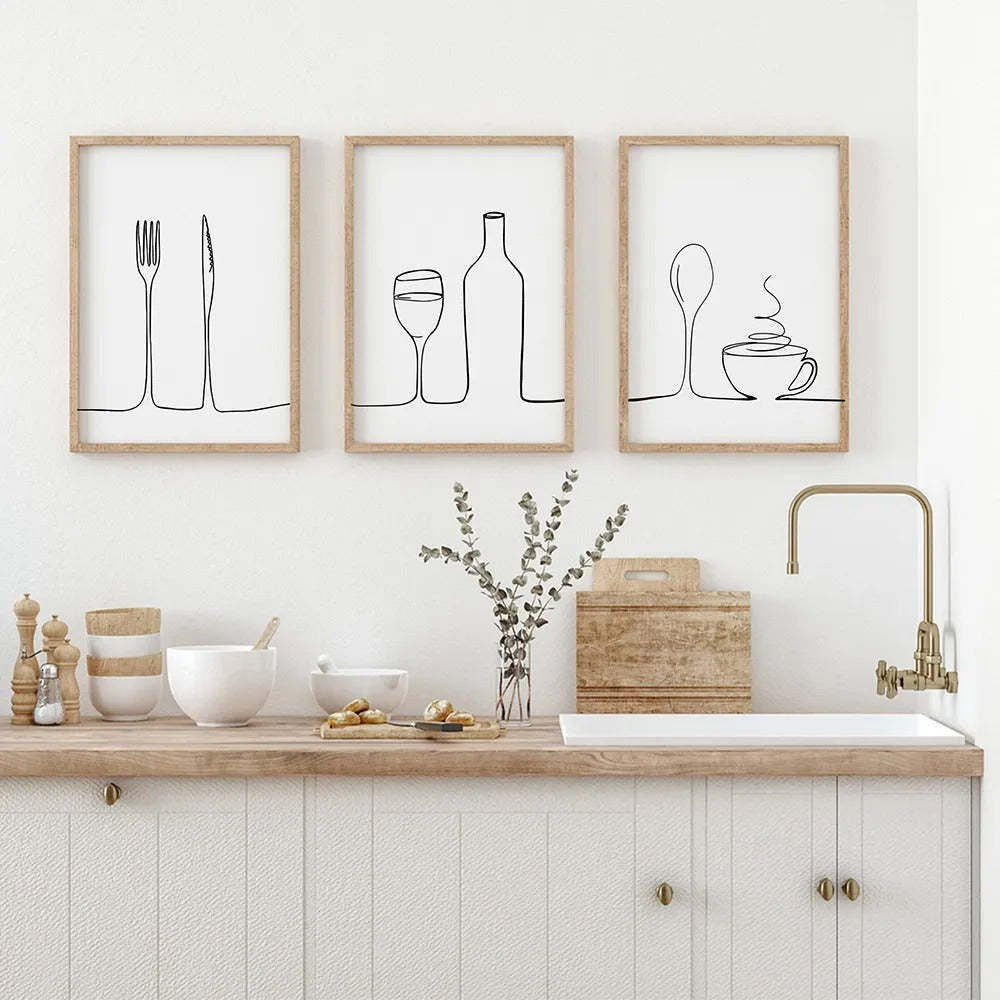Minimalist Food & Drink Kitchen Wall Art Black White Line Art Canvas Print For Coffee Shop Restaurant Tea Room Cafe Nordic Style Home Interior Decor