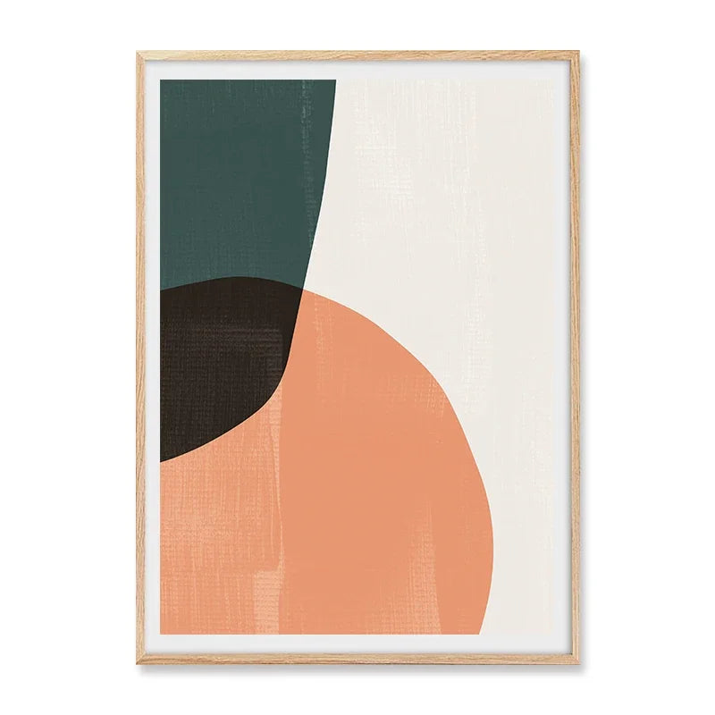 Framed abstract art print with geometric shapes on a white background
