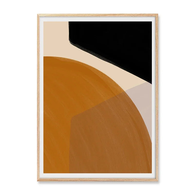 Abstract art print with geometric shapes in brown, black, and beige on a white background