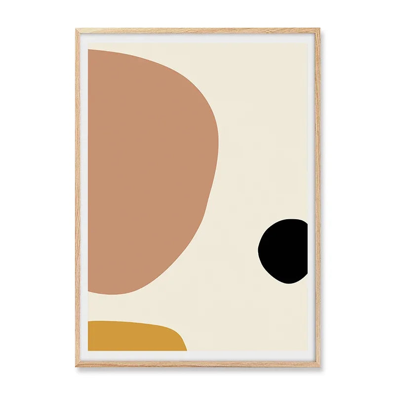 Abstract art print with geometric shapes in brown, black, and yellow on a beige background.