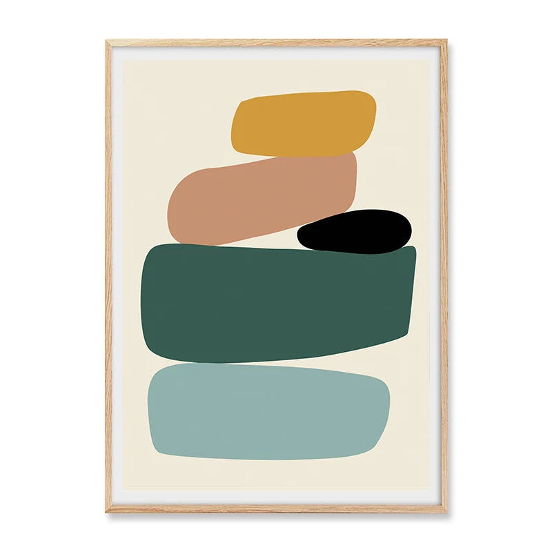 Framed abstract art print with colored shapes on a beige background