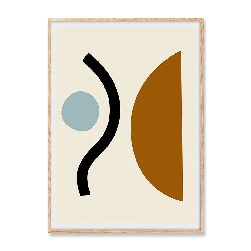 Framed abstract art print with geometric shapes on a beige background