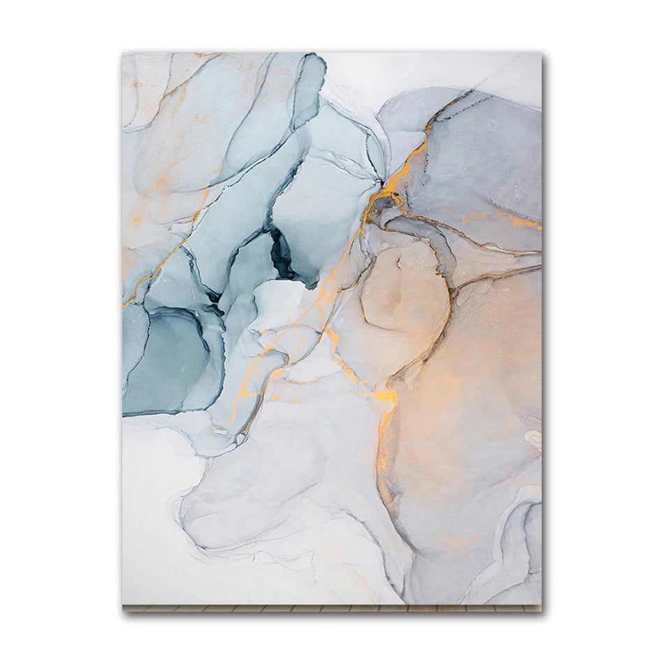 Abstract art print with blue, beige, and gold colors on a white background