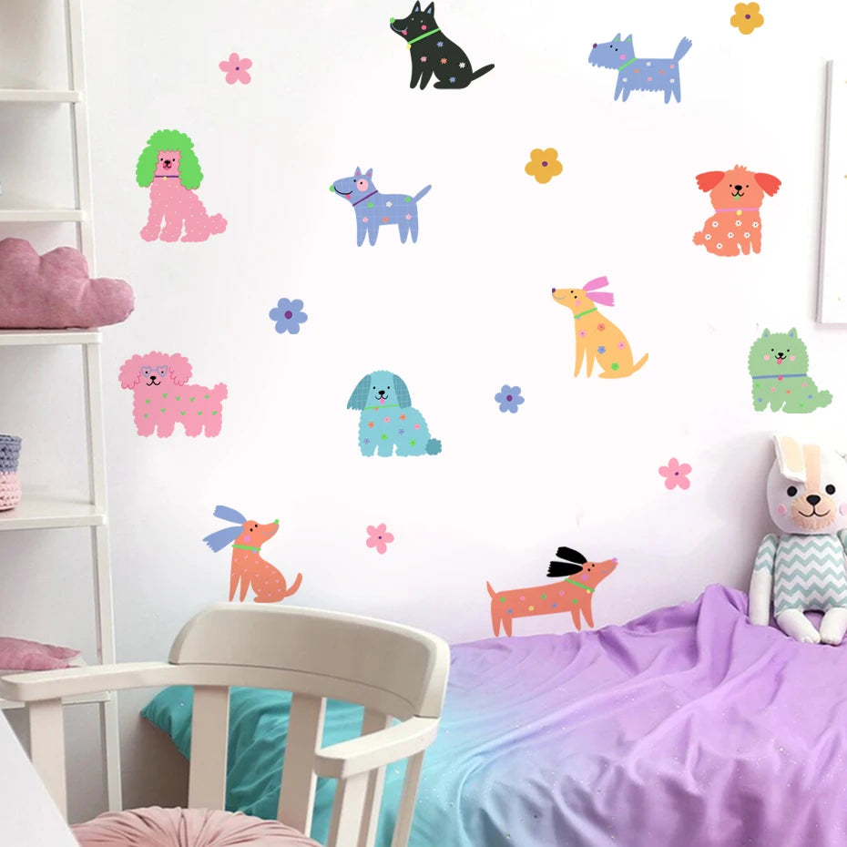 Colorful Cartoon Cute Puppy Dogs & Flowers Wall Decals - Peel & Stick Wall Stickers For Children's Nursery Room, Kids' Bedroom Wall Decor