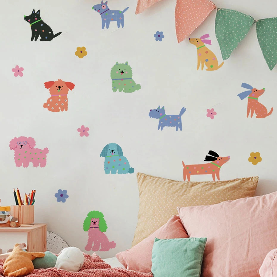 Colorful Cartoon Cute Puppy Dogs & Flowers Wall Decals - Peel & Stick Wall Stickers For Children's Nursery Room, Kids' Bedroom Wall Decor
