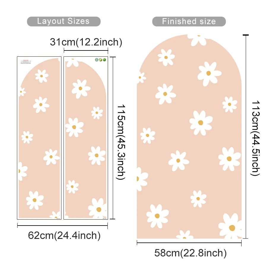Measurement chart of a garment cover with daisy pattern, showing layout and finished sizes.