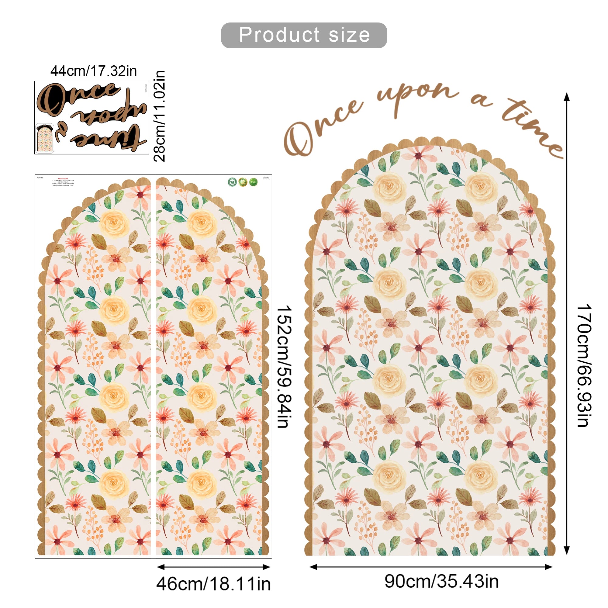 Floral patterned product with measurements and 'Once upon a time' text