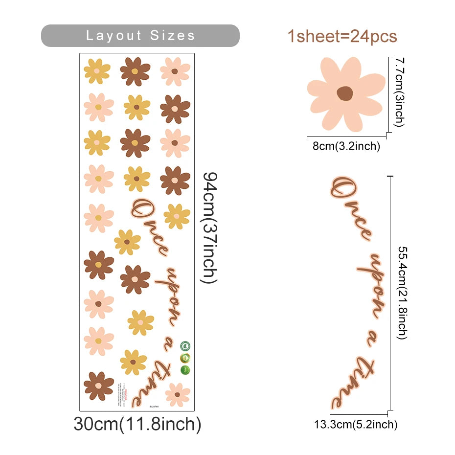 Sheet of flower-shaped stickers with dimensions and layout size information.