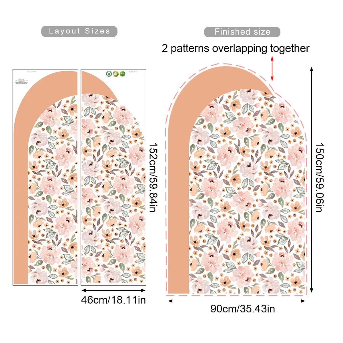Floral patterned fabric with layout sizes and finished dimensions shown.