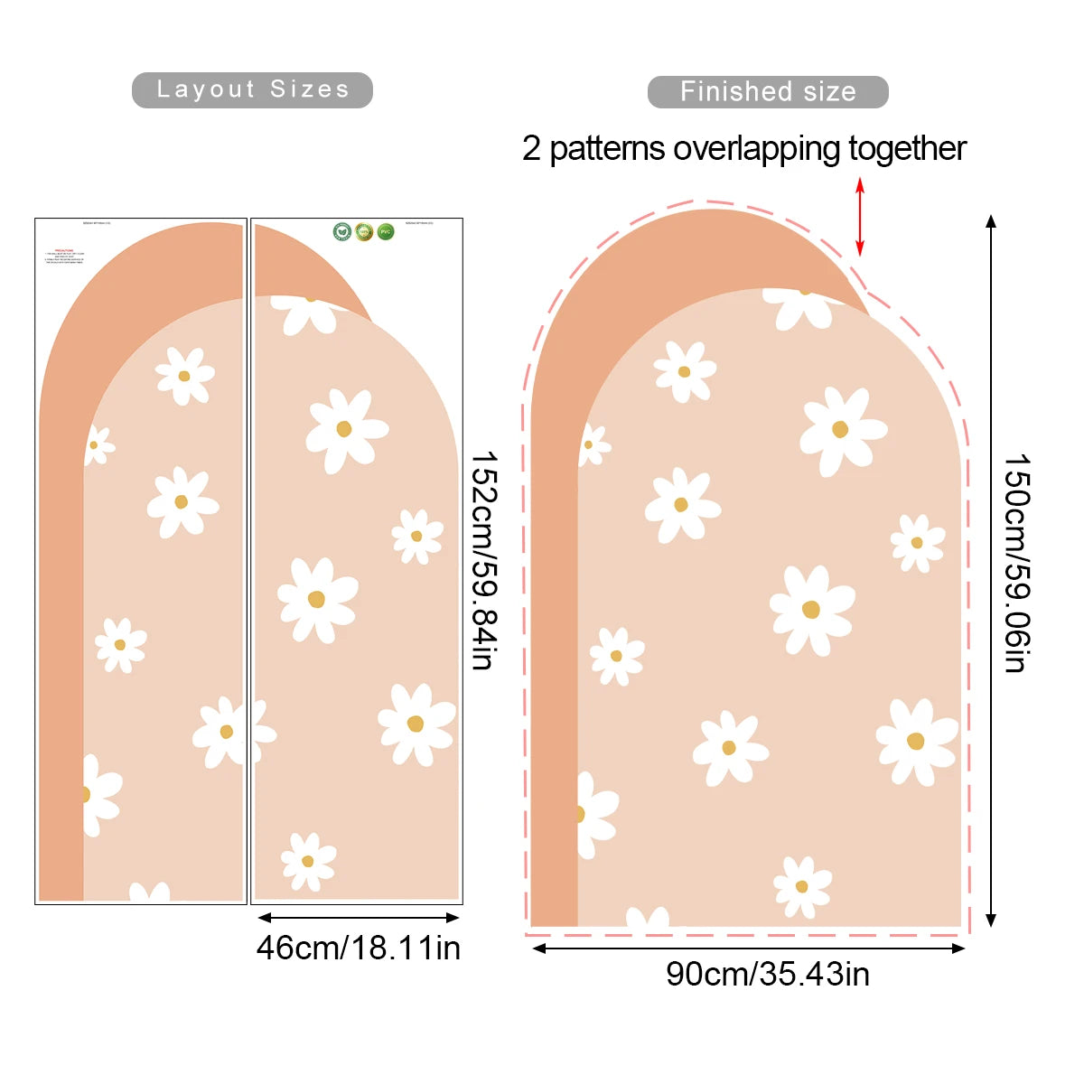 Patterned fabric layout with measurements on a white background