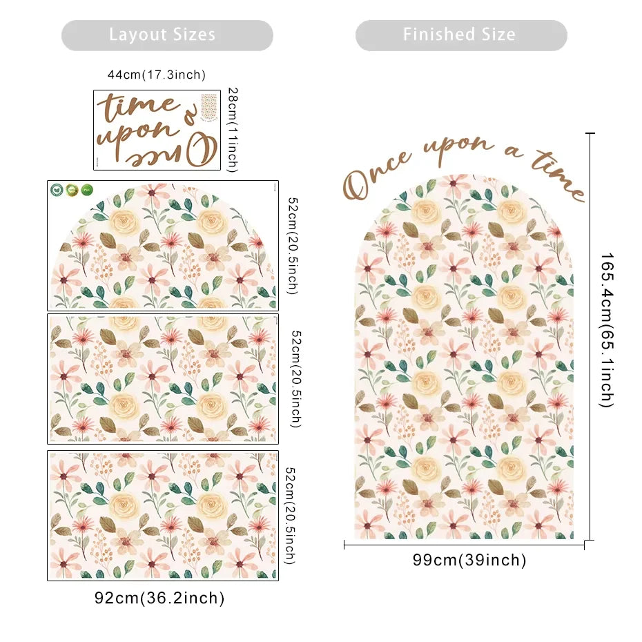 Floral patterned product with dimensions and 'Once upon a time' text