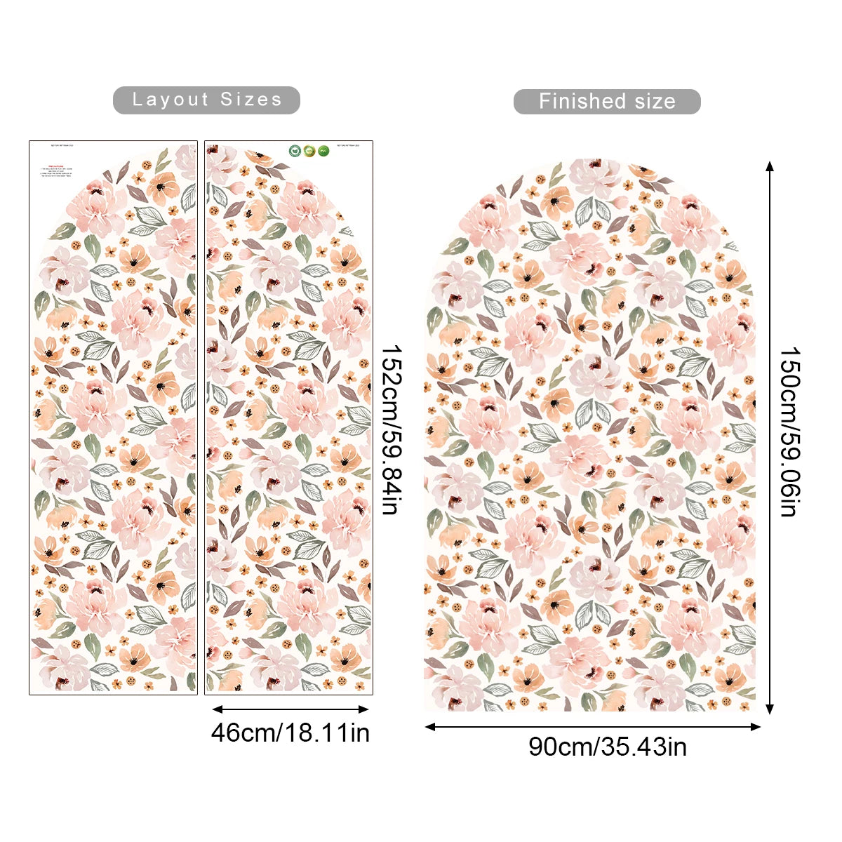Floral patterned paper with layout and finished size measurements on a white background