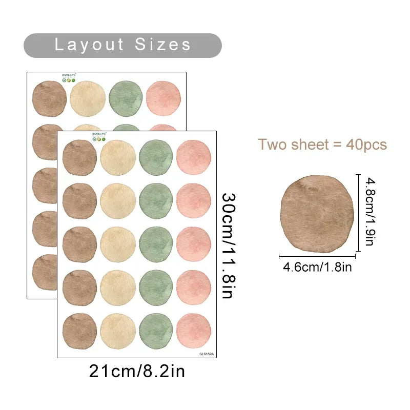 Sheet of round stickers with dimensions and layout details on a white background