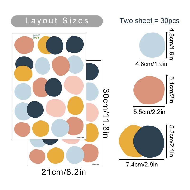 Colorful dot stickers with layout sizes and dimensions on a white background