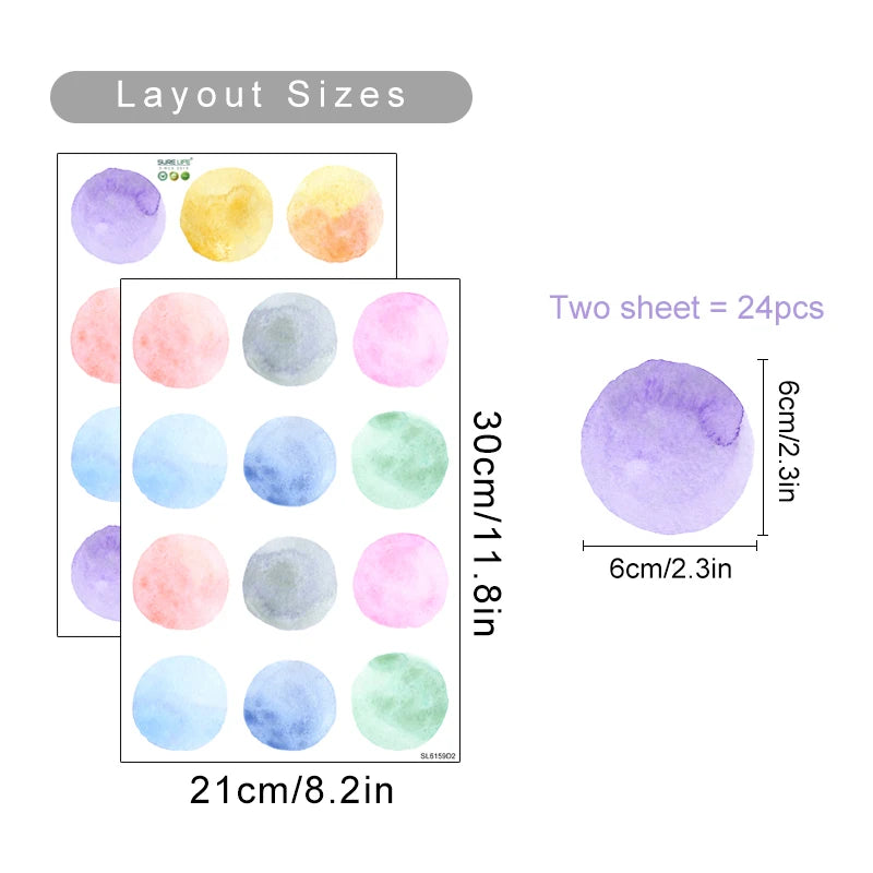 Colorful round stickers with layout sizes and measurements on a white background
