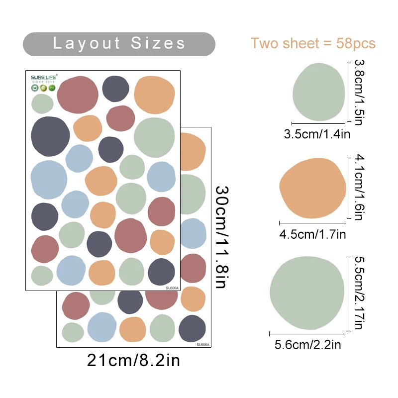 Colorful dot stickers with layout sizes and dimensions on a white background